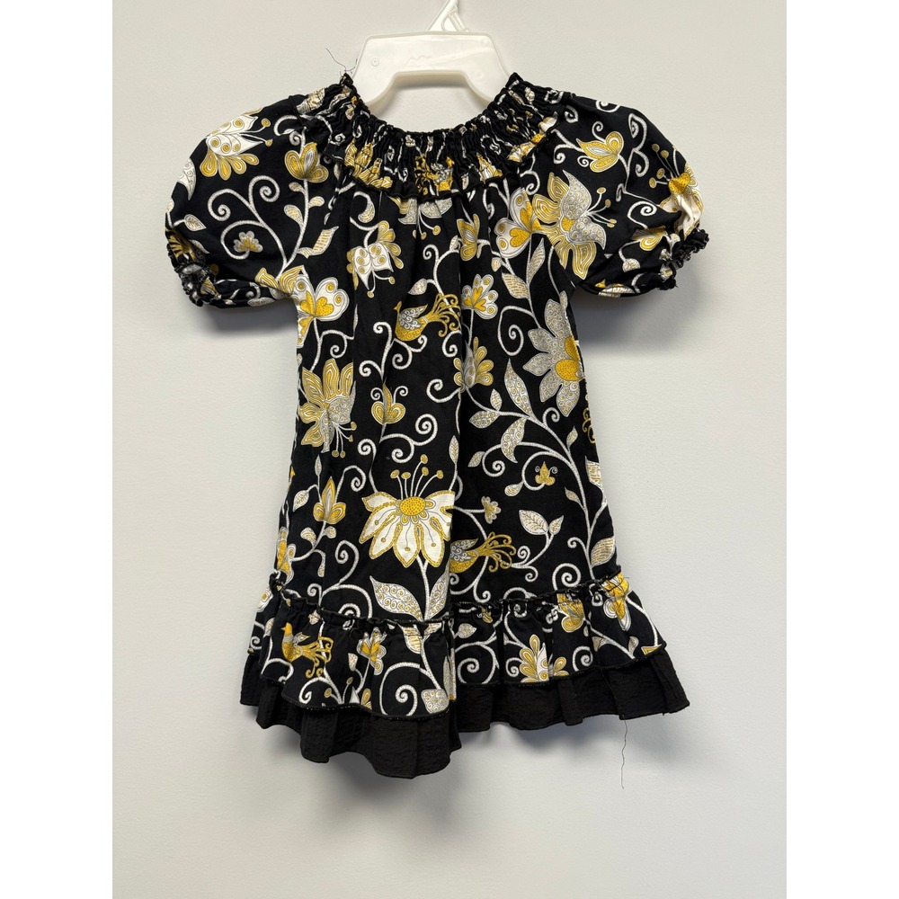 Lele Vintage Girls Siz 5 Black Yellow Floral Puff Sleeve Ruffle Hem Cotton Dress